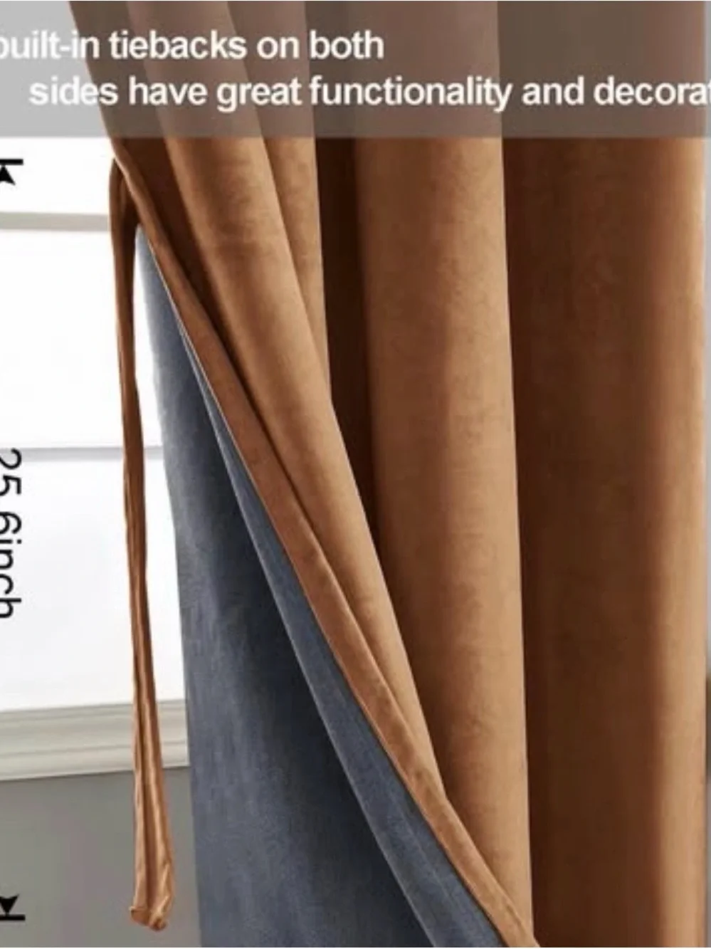 JIUZHEN Golden Brown Velvet Blackout Curtains, set of 2 w/ tieback 96”L x 42”W